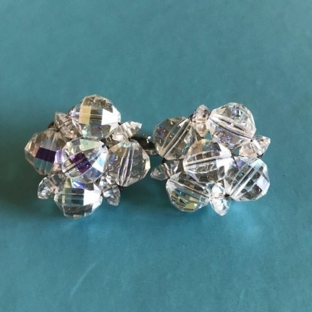 Vintage Aurora Borealis Beaded Crystal Cluster Clip Earrings Silver Tone